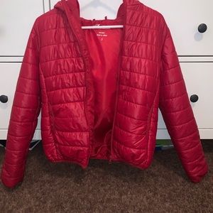 red puffer jacket